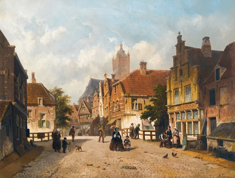 A Dutch street scene with cobblestone path and sunset glow, by Adrianus Eversen, unknown medium.