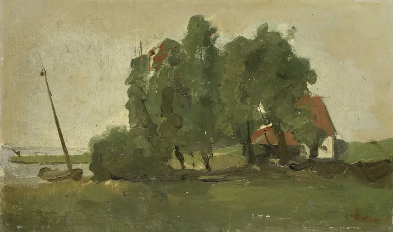 Farmstead by George Hendrik Breitner, oil painting of a barn under a vast sky.