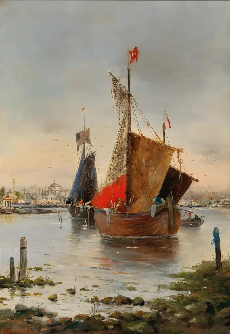 Landscape of Constantinople with minarets and rooftops by Karl Kaufmann, oil painting