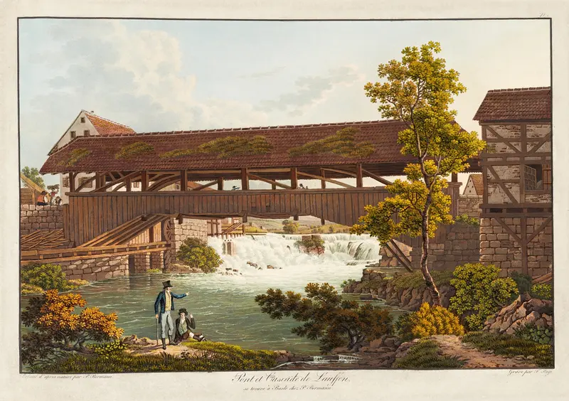 Cascading water in Pont et Cascade de Lauffen by Peter Birmann, oil on canvas