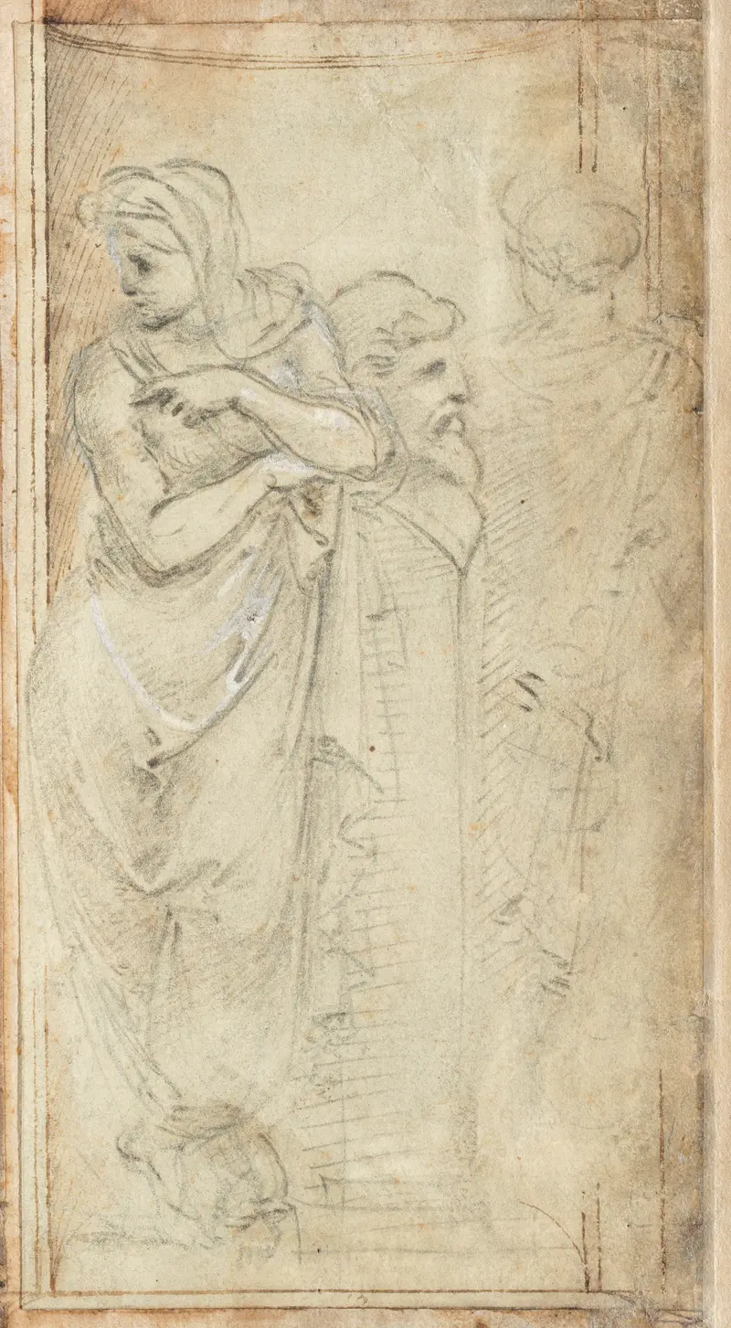 Two draped women stand on either side of a herm, embodying classical beauty and mystery.