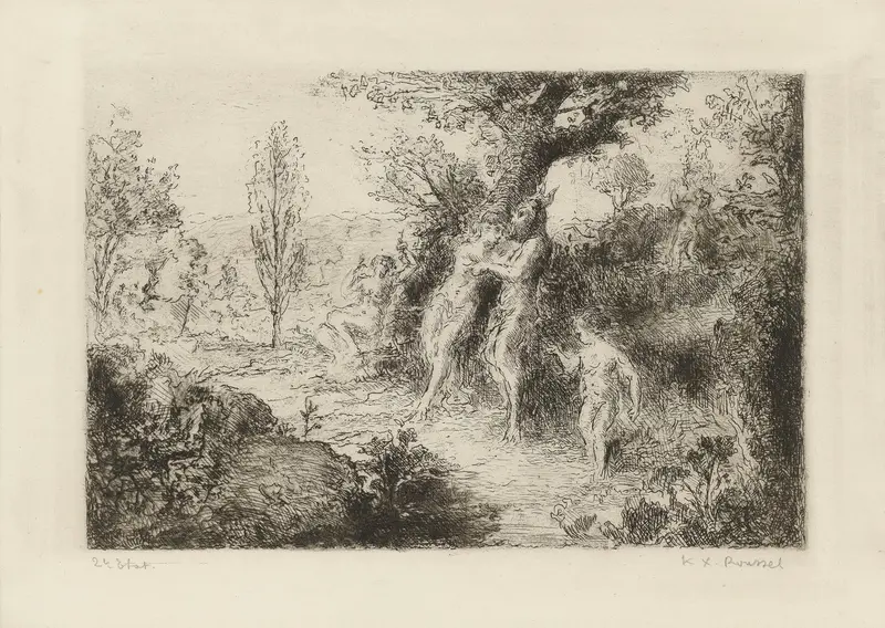 Faunes et nymphes dans un chemin forestier by Ker-Xavier Roussel, oil painting depicting mythological figures in a forest.