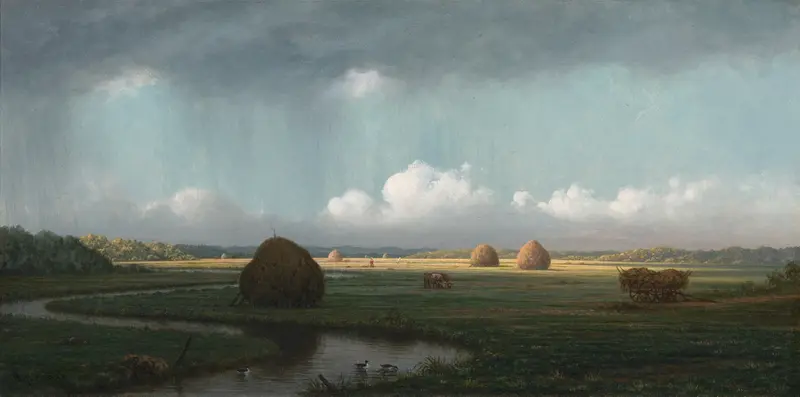 Sudden Shower, Newbury Marshes by Martin Johnson Heade, oil on canvas depicting a stormy landscape