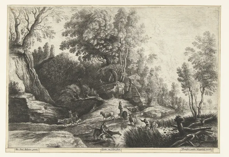 Landscape with horses and cows at a drinking place, etching by Lucas van Uden