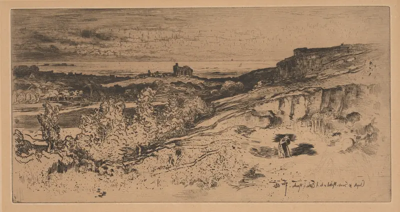 Etching of Chapelle de Saint Michel de Lestre by Félix Hilaire Buhot, showcasing light and shadow on the stone architecture