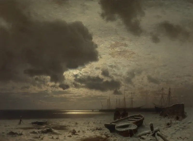 Moonlight in Winter by Louis Douzette, oil painting of a winter landscape illuminated by moonlight