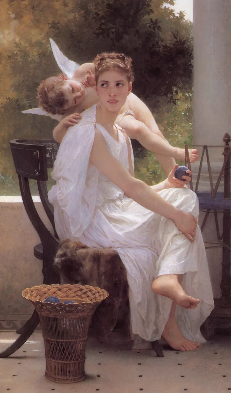 William Bouguereau's 'Le travail interrompu' depicts a serene moment of labor interrupted.