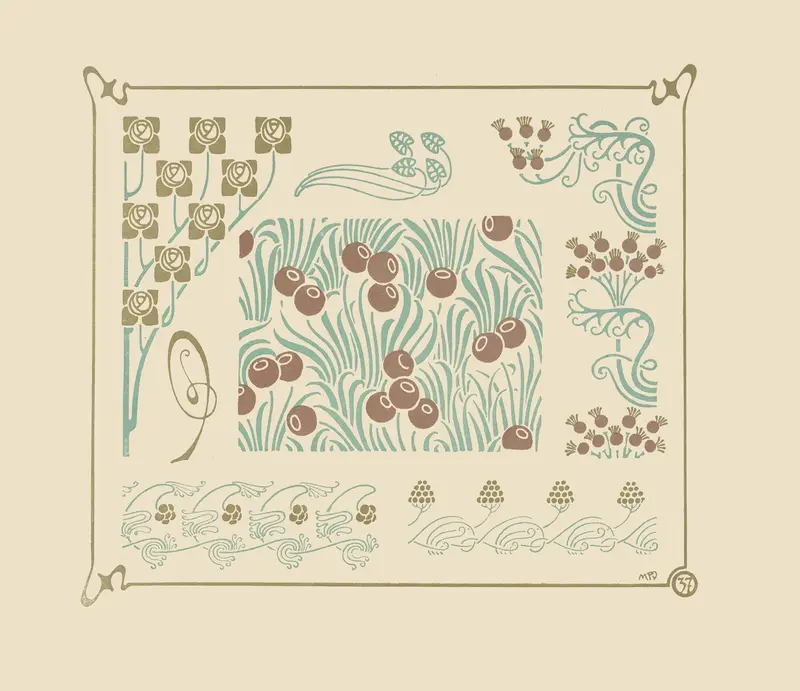 Abstract botanical design featuring berries and flower buds by Maurice Pillard Verneuil.