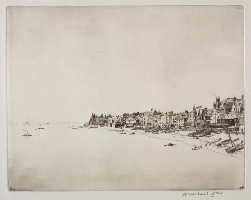 Landscape etching by Muirhead Bone featuring light and shadow interplay