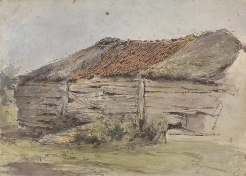 Landscape depicting a barn at twilight by Willem Anthonie van Deventer, oil painting