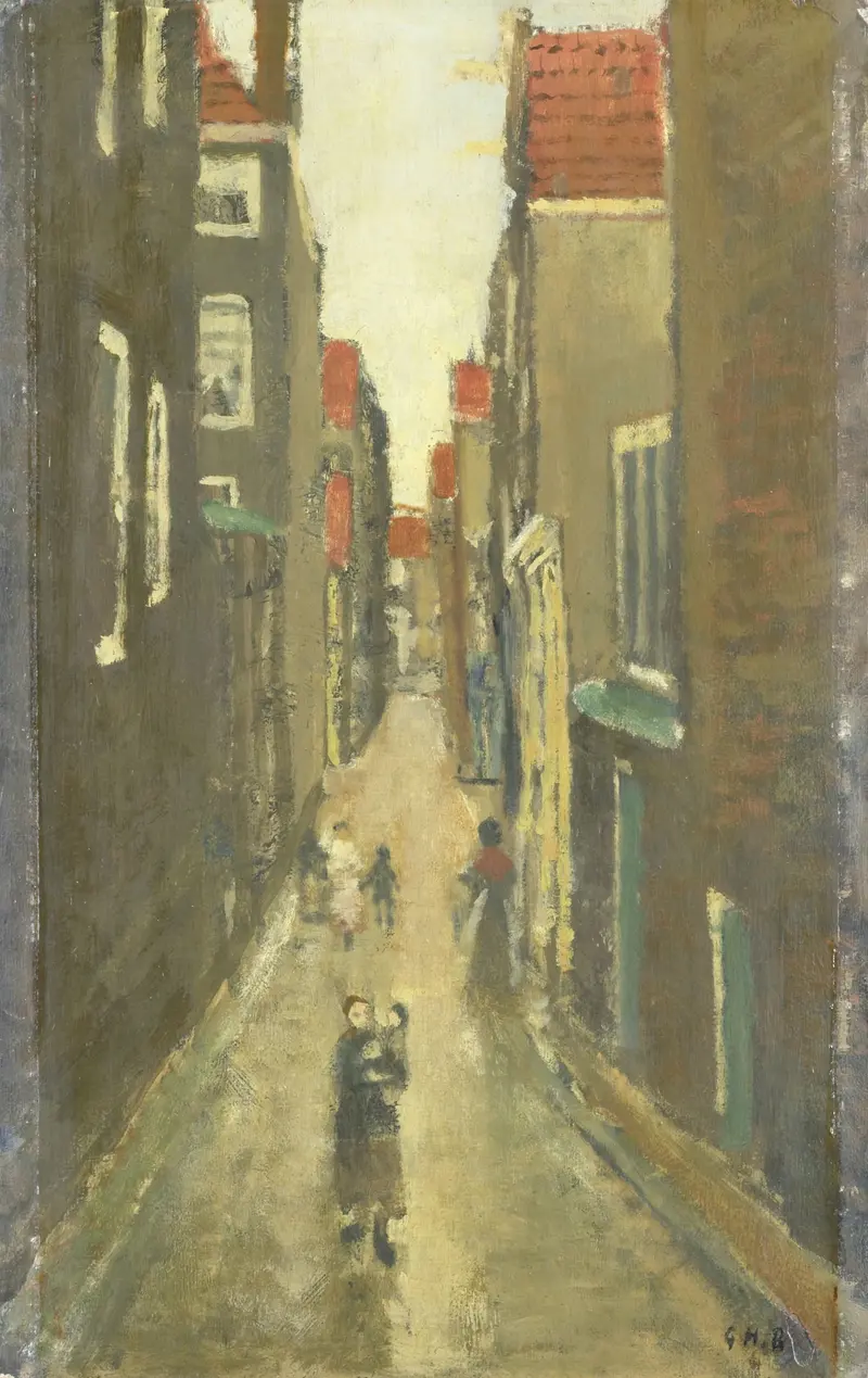 Canal landscape with buildings and afternoon light by George Hendrik Breitner, oil painting.