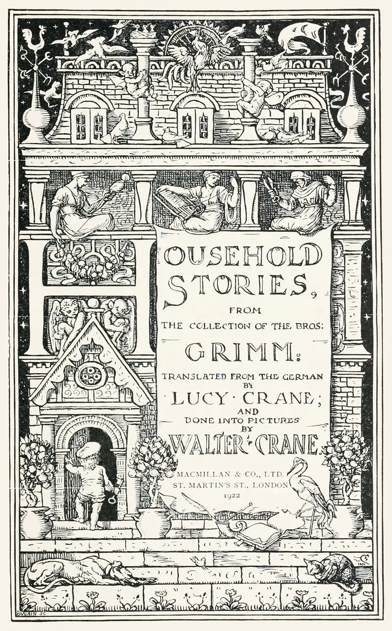 Walter Crane's 'Household stories from the collection of the Bros. Grimm' features whimsical illustrations inspired by fairy tales.