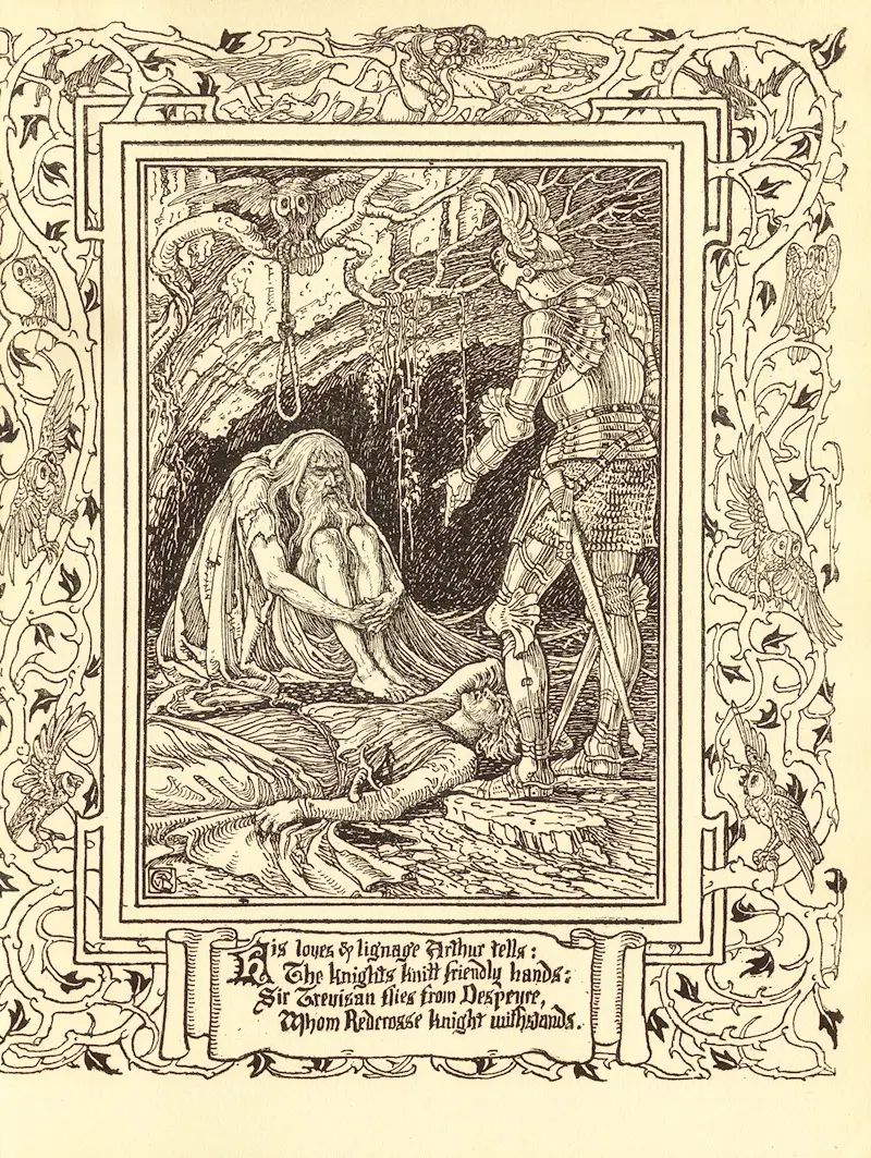 Walter Crane's *Spenser’s Faerie queene Pl.14* is a vibrant illustration depicting a scene from the epic poem.