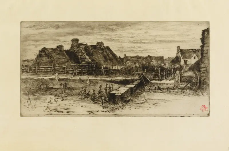 The Large Thatched Cottages, etching by Félix Hilaire Buhot, depicting sunlit cottages in a rural setting.