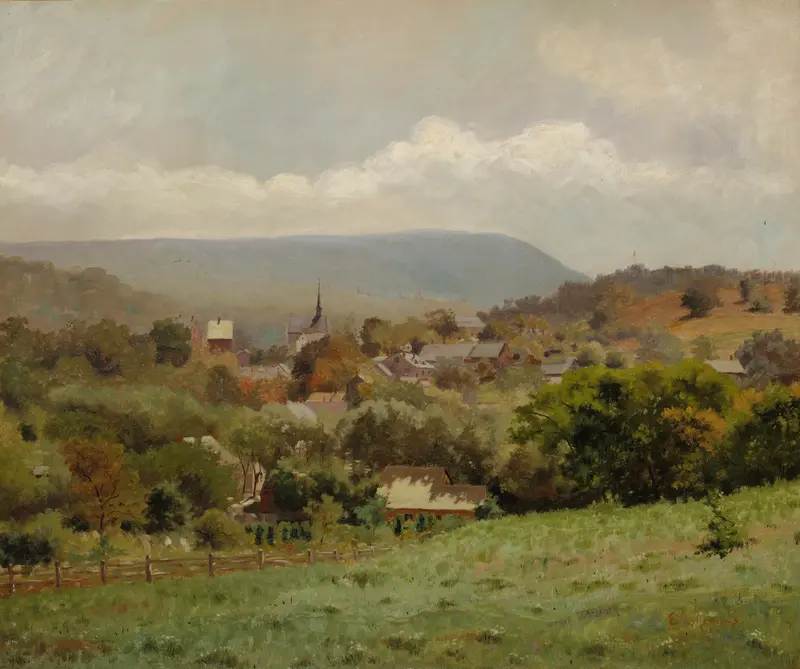 Delaware Water Gap Village by Louis Michel Eilshemius, oil on canvas depicting a tranquil village landscape.