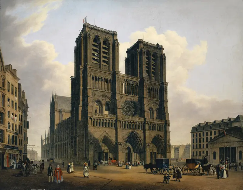 Notre Dame of Paris by Hubert Sattler, oil on canvas, featuring the cathedral's silhouette against a pale sky.
