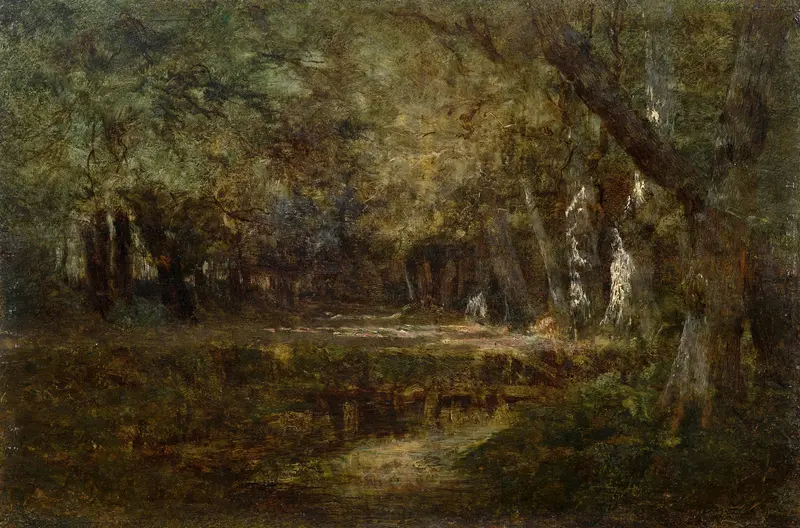 Forest landscape with dappled sunlight, oil on canvas by Théodore Rousseau