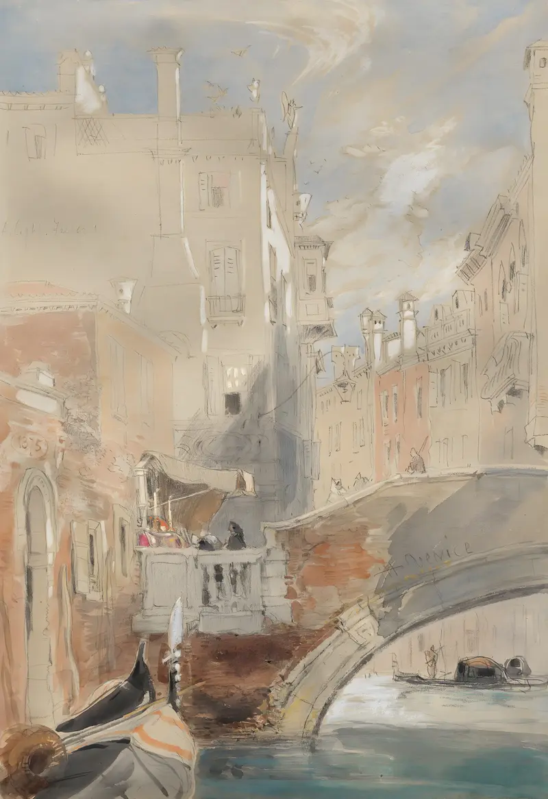 A Canal, Venice by James Holland, oil on canvas depicting a tranquil canal with reflections
