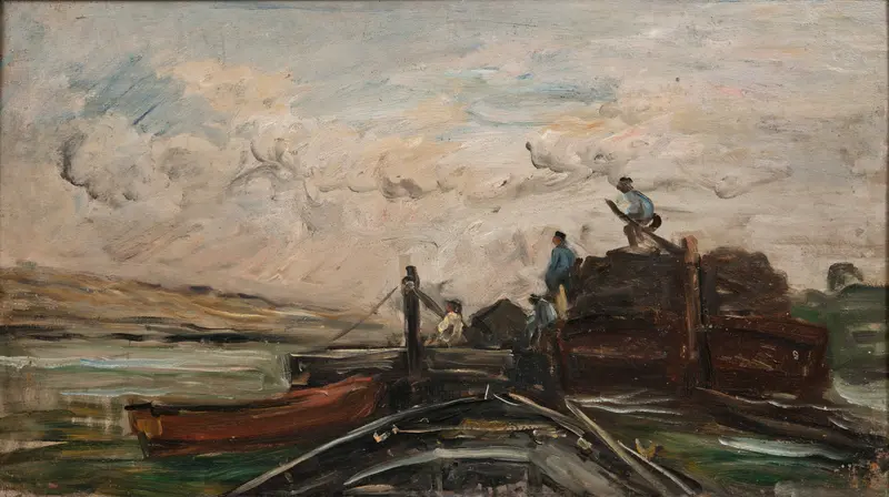 Barges on a river by Charles François Daubigny, oil painting