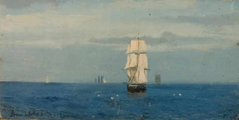 Morgenstemning, Atlanterhavet by Amaldus Nielsen, oil on canvas depicting a serene dawn over the ocean