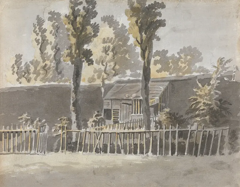Trees before a House by James Miller, oil painting depicting trees and a house.