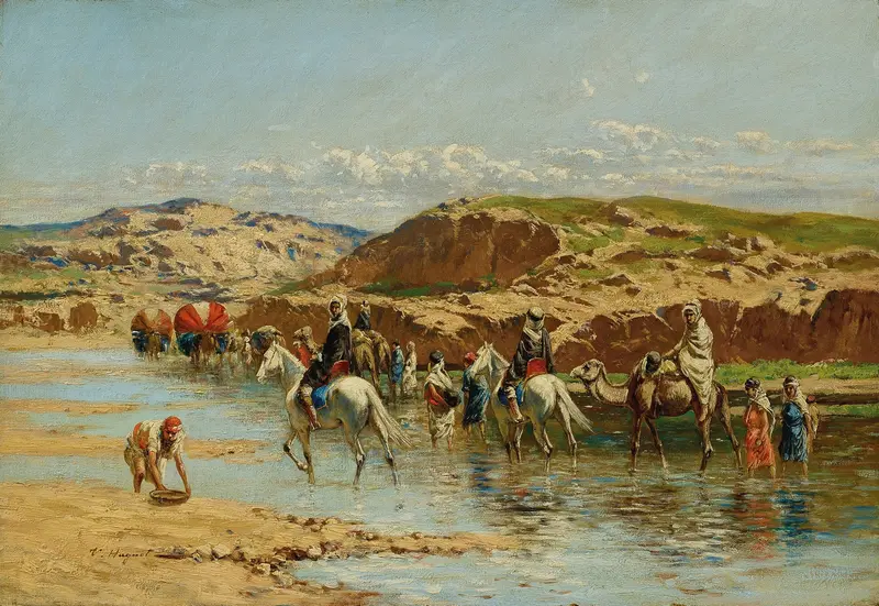 Fording a River, Algiers by Victor Huguet, oil painting showing figures battling a river's current.