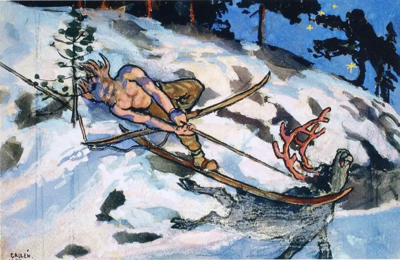 A bare-chested skier pursues a red-antlered elk through a snowy landscape under a starry sky.