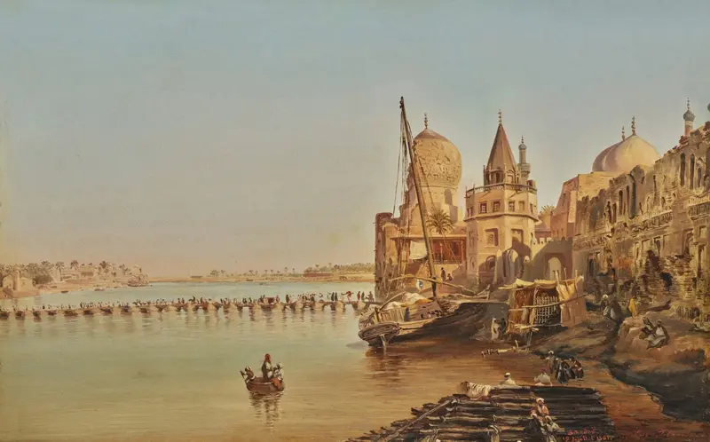 The Old Boat Bridge, Baghdad by Eugène Flandin, oil painting depicting a weathered bridge.