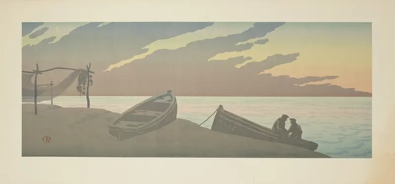 Le Soir, lithograph by Henri Rivière, depicting a twilight landscape with trees and a colorful sky.