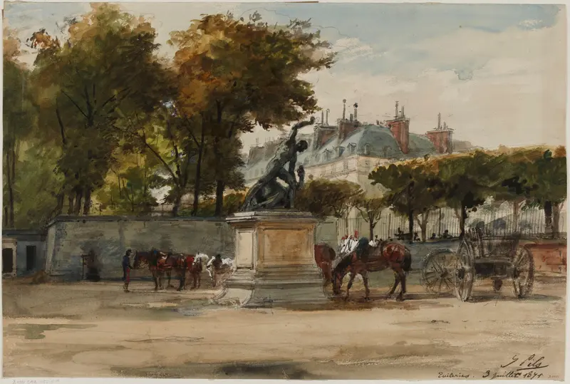 Historical scene of soldiers gathering in Tuileries, oil on canvas by Isidore Pils