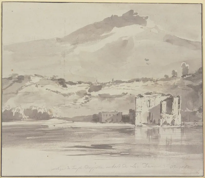 Engraving by Jean-Jacques de Boissieu depicting a lake with a temple at sunset.