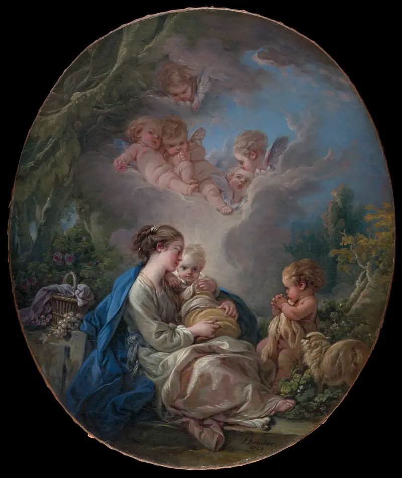 François Boucher's 'Virgin and Child with the Young Saint John the Baptist and Angels' depicts a tender moment of devotion.