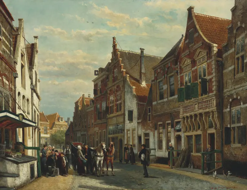 The Wijdstraat, Oudewater, in summer by Cornelis Springer, oil painting of a village scene.