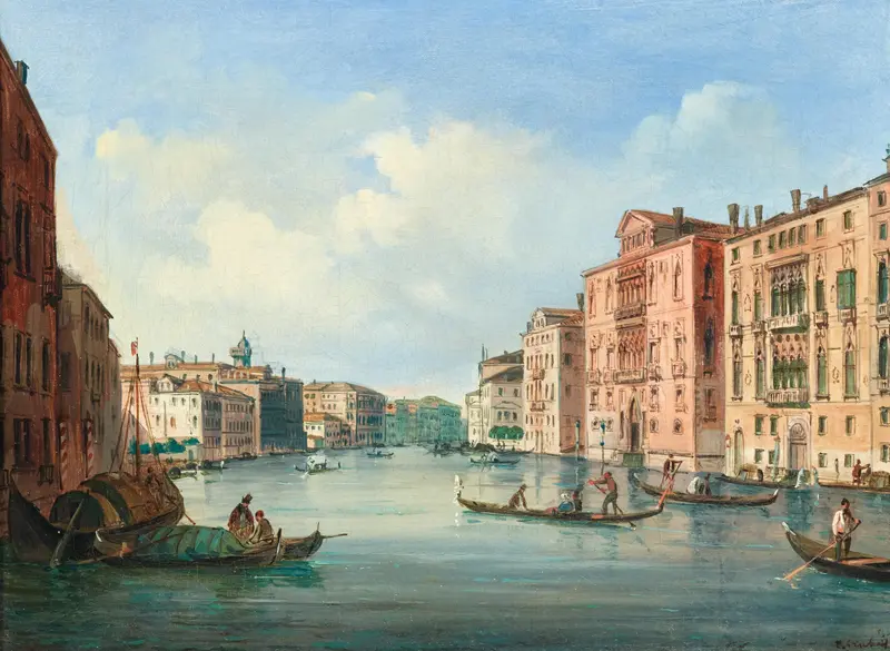 View of the Grand Canal with Palazzo Cavalli-Franchetti and Palazzo Barbaro by Carlo Grubacs, oil painting