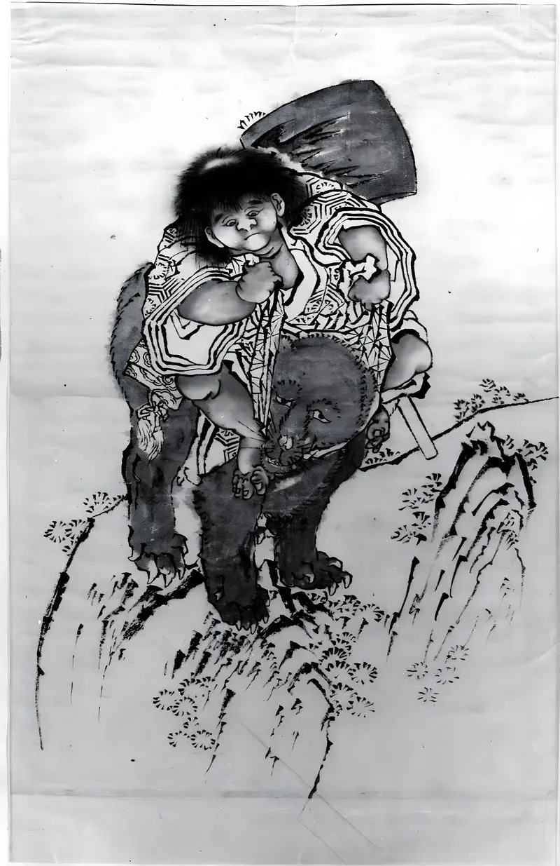 Sakata Kintoki rides a bear, showcasing a playful moment in Japanese folklore.