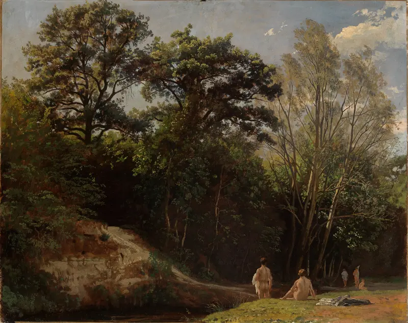 River scene with bathers and trees, oil on canvas by Johann Wilhelm Schirmer