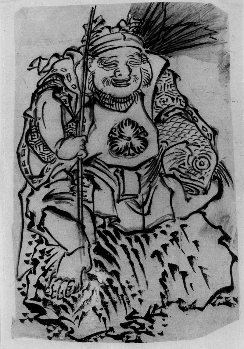 Ebisu, the God of Luck, holds a sea bream, symbolizing prosperity.
