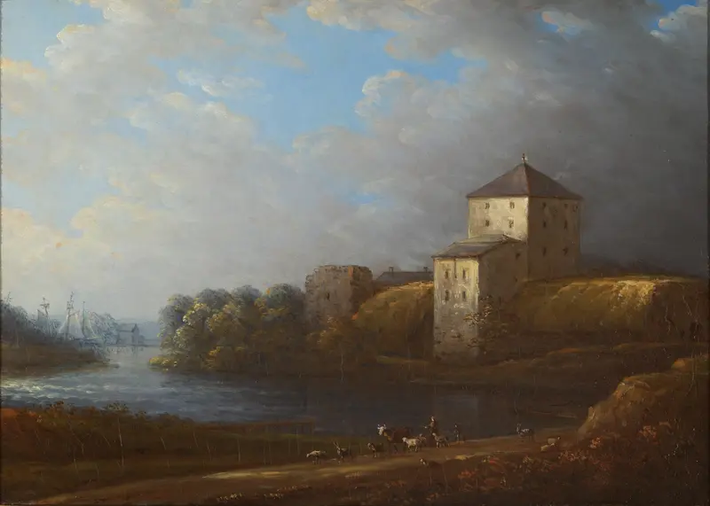 Nyköping Castle by Carl Johan Fahlcrantz, oil painting depicting a castle at sunset