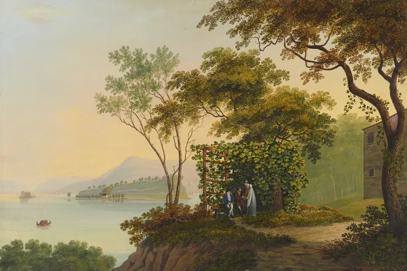 Petters-Insel auf dem Bielersee by Johann Heinrich Bleuler, oil on canvas depicting a tranquil lake and island.