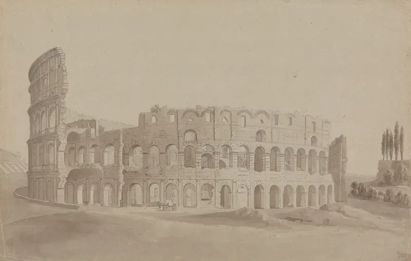 Watercolour by Isaac Weld depicting the Colosseum, Rome, with ancient stones.