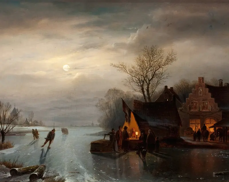 Amsterdam Skating Scene by Carl Frederik Sørensen, depicting skaters on a canal, oil painting