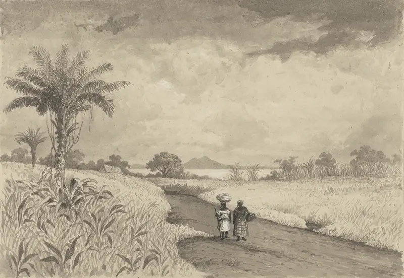 The Road to Pitch Lake by Michel Jean Cazabon, oil on canvas showing a winding road and lush greenery.