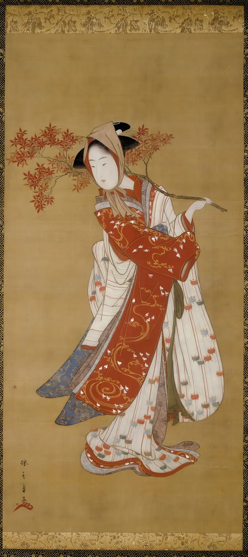 Dancer with a maple branch, gold medium, by Katsukawa Shunsho