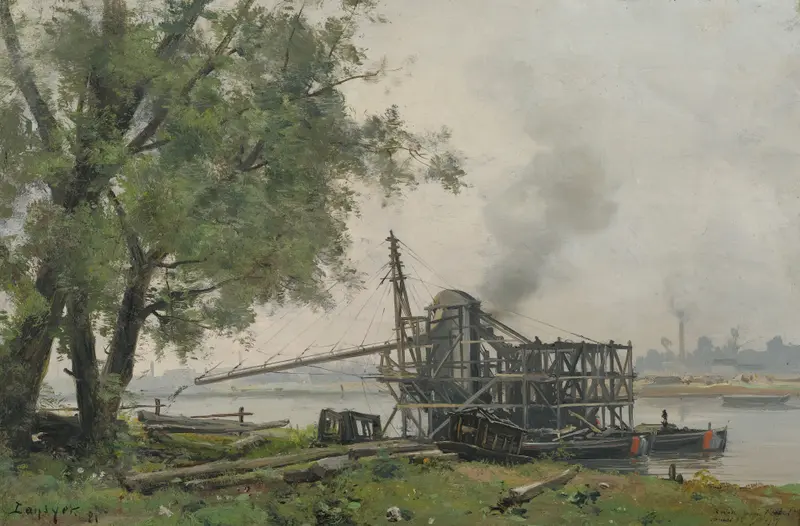 The Seine at Rouen by Emmanuel Lansyer, oil painting depicting a river landscape with reflections and trees.