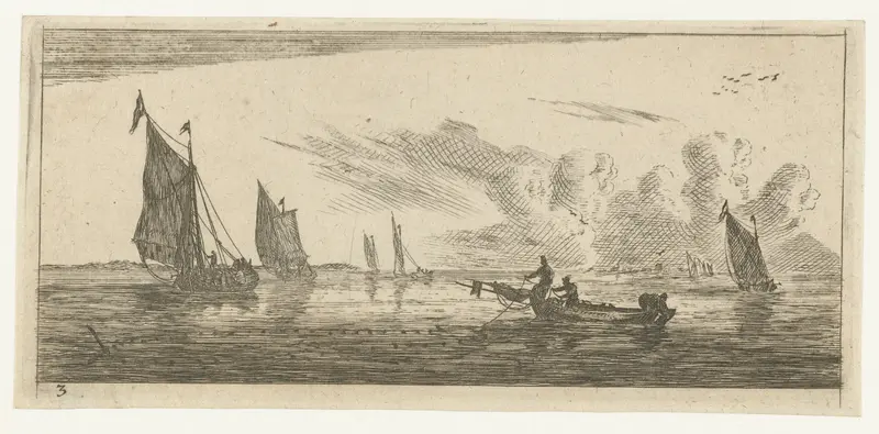 Etching by Reinier Nooms showing sailboats on the ocean.