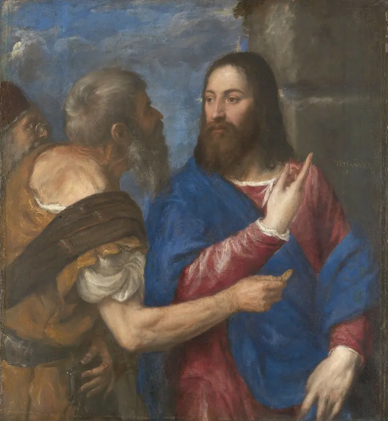 The Tribute Money by Titian depicts a biblical scene with vibrant colors and dynamic figures.