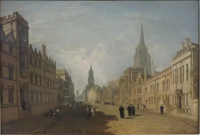A depiction of High Street in Oxford, showcasing its architectural beauty and vibrant atmosphere.
