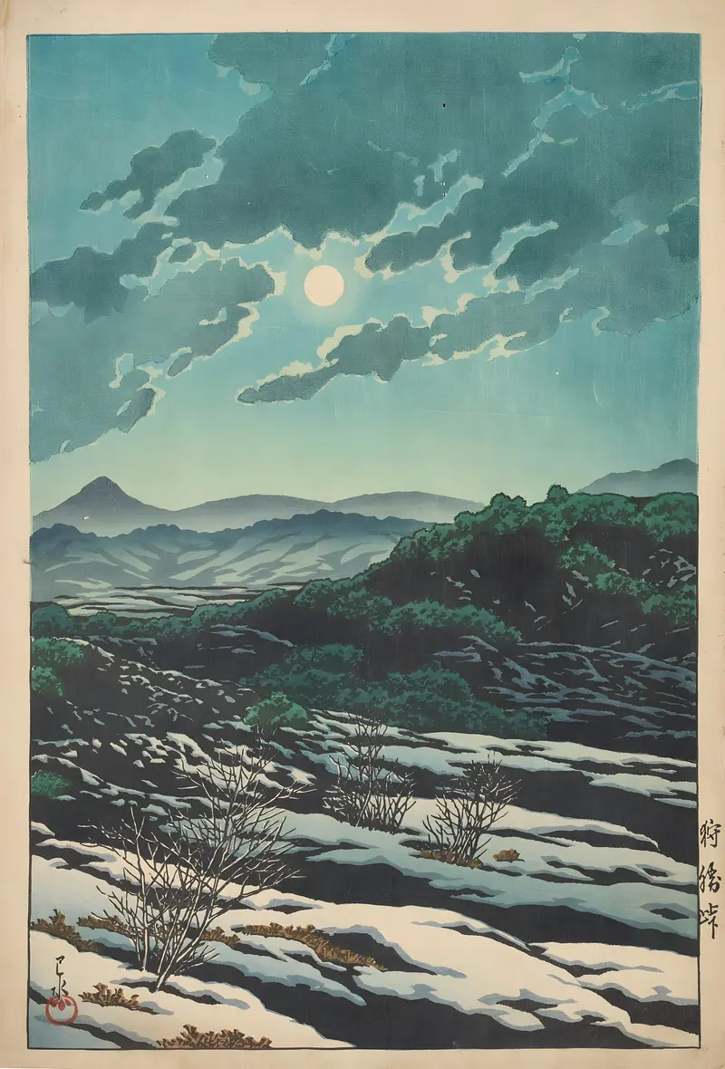 Karikachi toge woodblock print by Kawase Hasui depicting a misty mountain pass