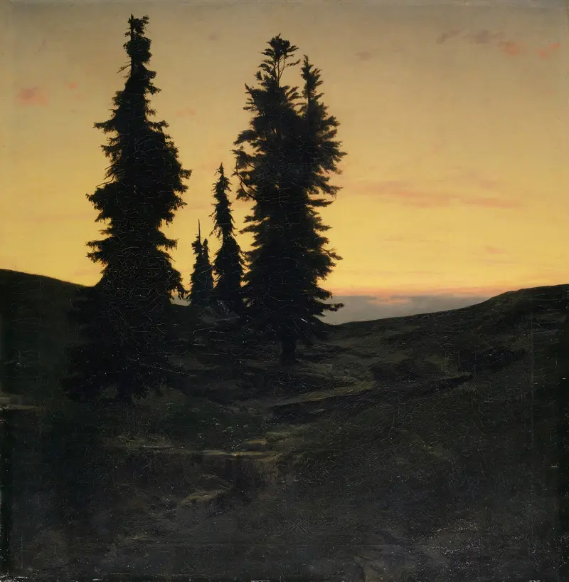 Fir Trees by Arnold Böcklin, oil on canvas depicting dark firs against a luminous sky.