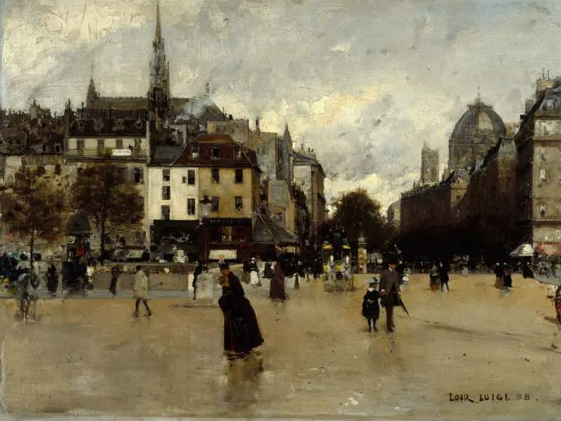 Le boulevard du Palais by Luigi Loir, oil on canvas depicting a lively city scene.